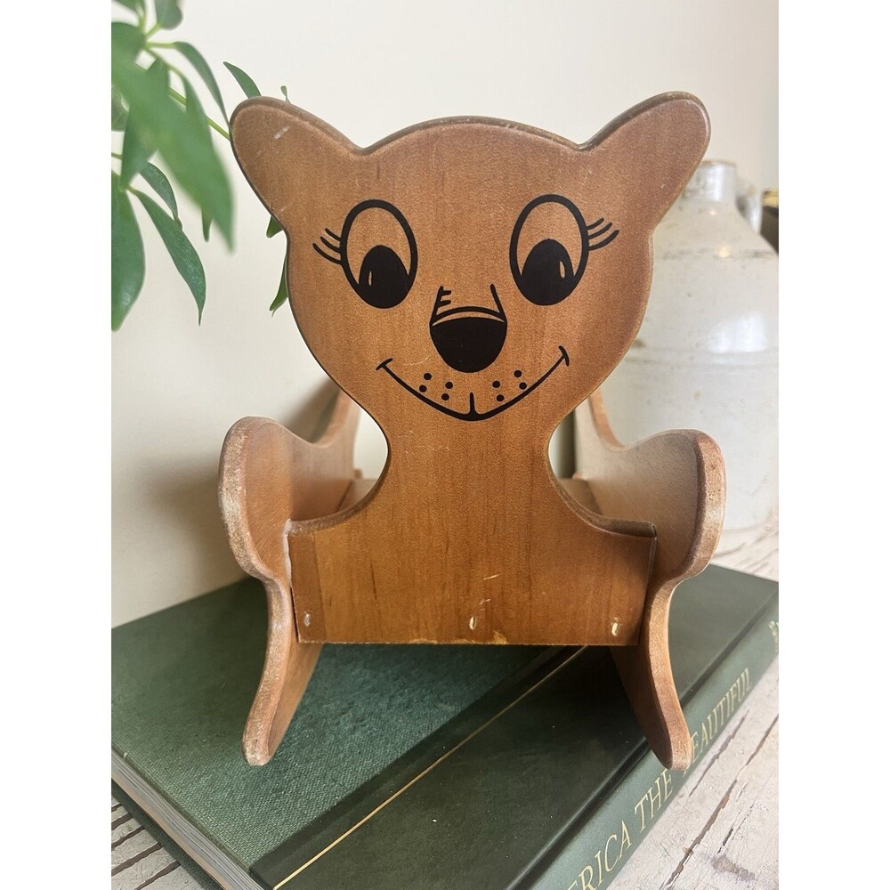 Vintage 1990 Wooden Baby Doll Wood Teddy Bear Face Rocking Chair Toy Furniture